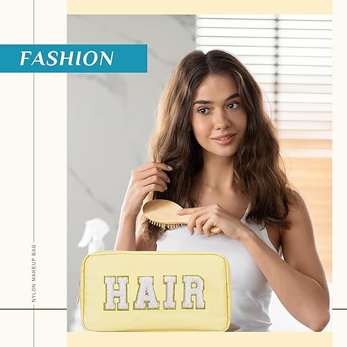 Miniatura 6 de Cunno 4 Piezas Bolsas de Maquillaje Preppy de Chenilla con Letras Bolsa de Cosas de Nailon Estuches Cosméticos con Cremallera para Mujeres Viaje