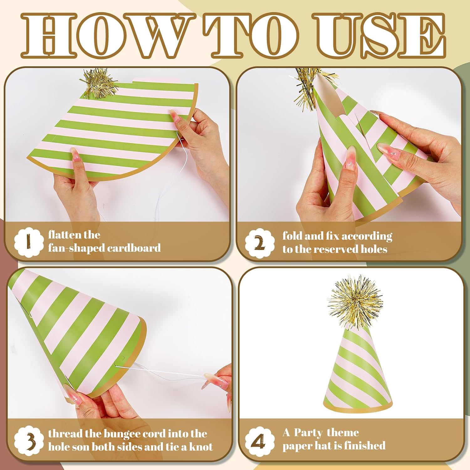 Whaline 24 Pcs Stripe Birthday Party Hats with Gold Pom Poms Paper Cone Hat Photo Prop image 3
