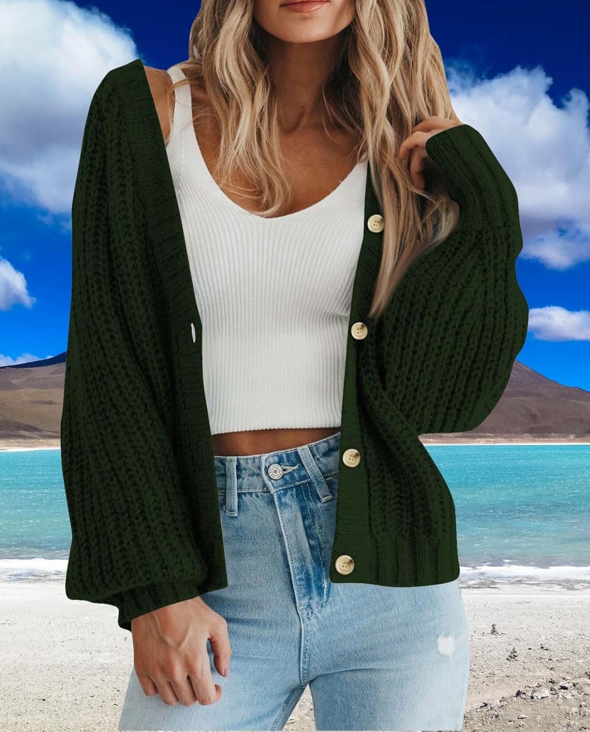 Scapodo Ultimate Womens Thick Knit Cardigan Sweater Cozy Long Sleeve Button Loose Short Warm Cardigan Sweater - Image 5