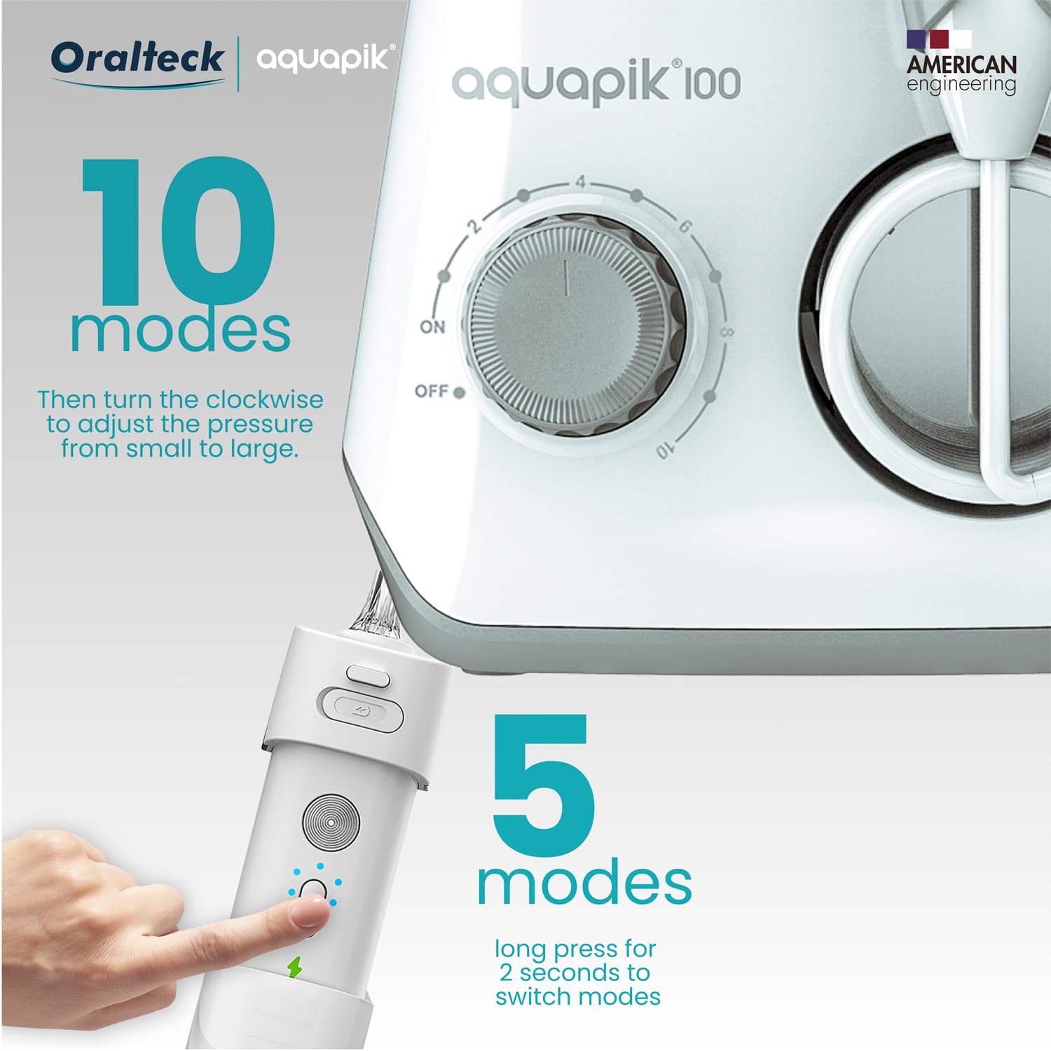 Aquapik® DUO irygator do jamy ustnej Aquapik® 100 Desktop + Aquapik® Mini, przenośny, zalecany przez dentystów + środek do usuwania płytki nazębnej + pielęgnuje implanty i ortodoncję, głęboka higiena