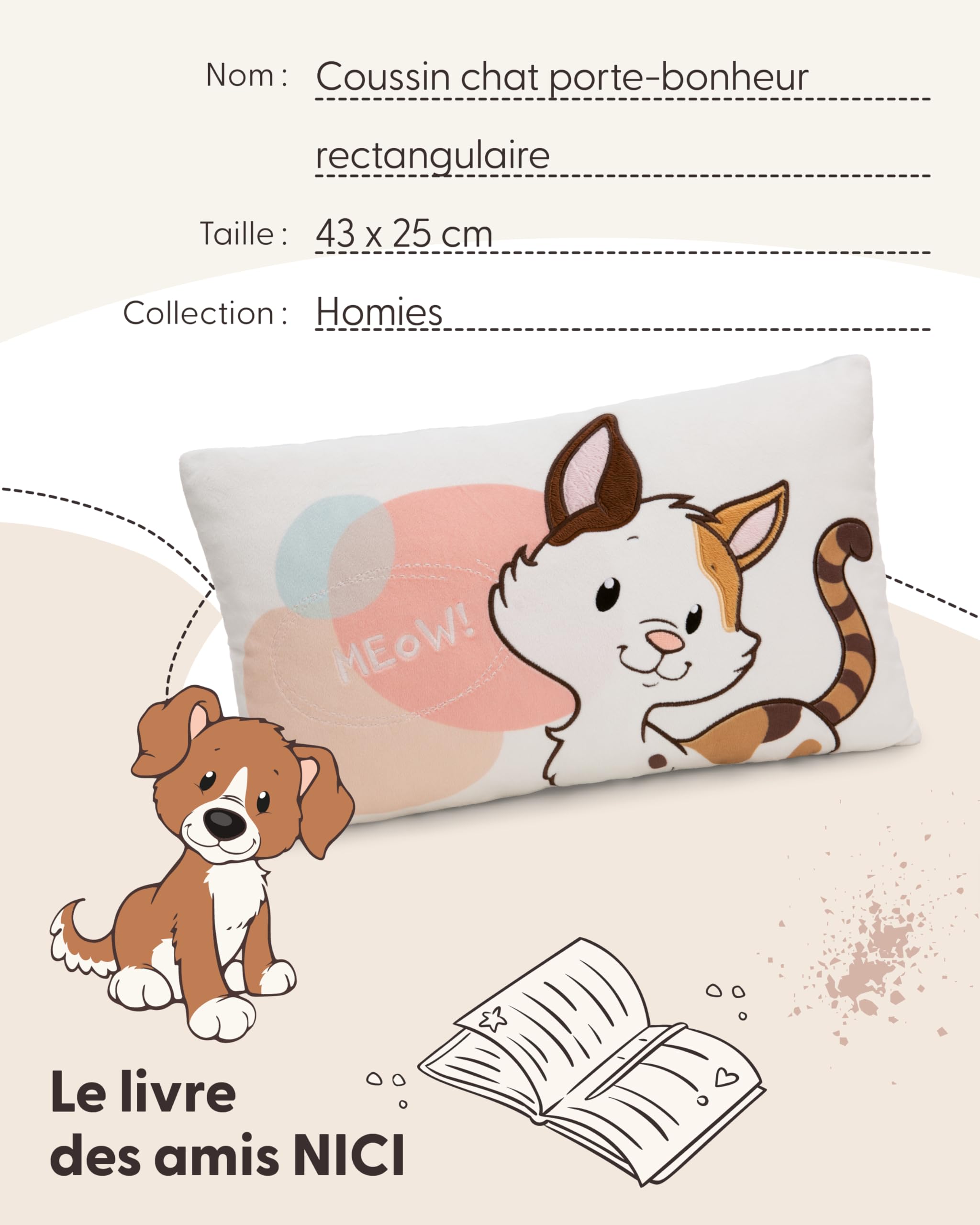 NICI 62163 Kussen hond, 43 x 25 cm, bruin, pluizig knuffeldierkussen voor jongens, meisjes, baby's en liefhebbers van knuffeldieren, ideaal voor
