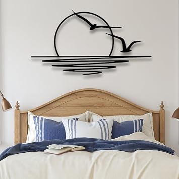 Sunrise Metal Wall Art, Seagulls & Sunset Metal Wall Decor, Sun Wall Art, Sunrise Wall Decor for Bedroom, Bathroom, Living Room, Home Decor, Housewarming Gift 41 x 23 inch / 105 x 58cm, black