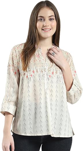 Monte Carlo Women's Regular Fit Top | Printed Pattern | Button Closure with Three-Quarter Sleeve Band Neck Stylish Top for...