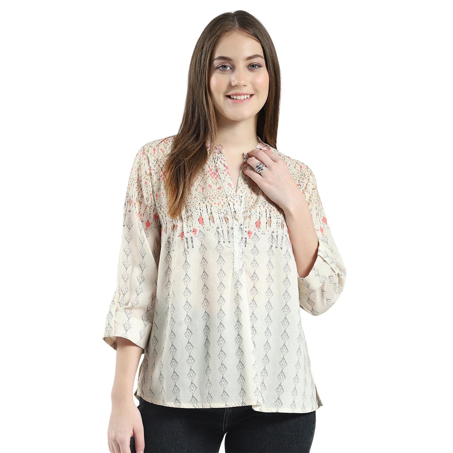 Monte Carlo Women's Regular Fit Top | Printed Pattern | Button Closure with Three-Quarter Sleeve Band Neck Stylish Top for... - Review, Price and Buying Guide