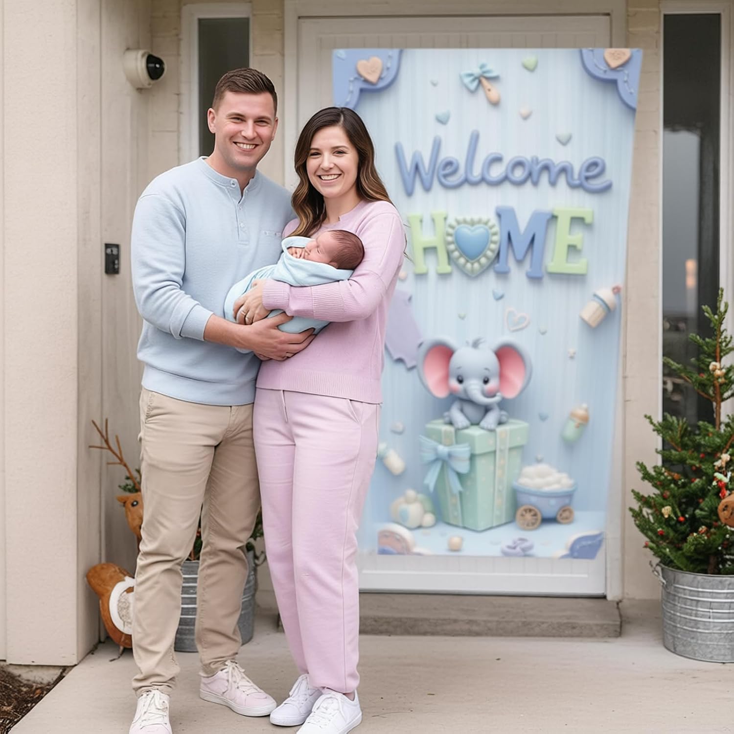 Welcome Home Door Banner Decoration Blue Elephant Baby Shower Door Cover Baby Welcome Party Banner for Boys Birthday Celebration Gender Reveal Party Indoor Outdoor Decor Supplies