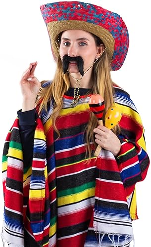 Miniatura 2 de Tigerdoe Disfraz de Cinco de Mayo - Disfraz - Sombrero Sombrero - Auténtico Poncho Serape - Bigotes - Maraca - Fiesta
