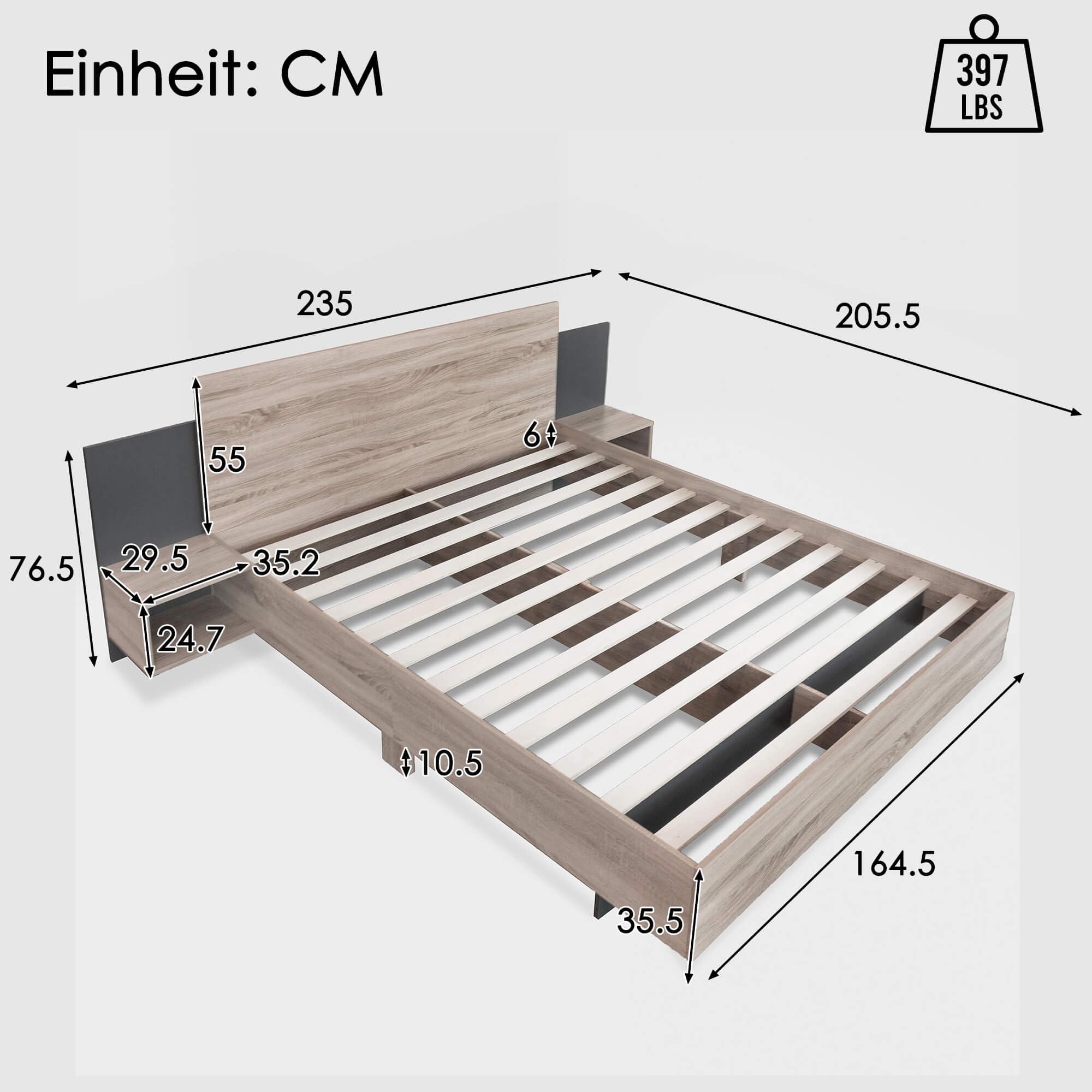 HYUB Schlafzimmer Komplett Set, Doppelbett Holzbett 160x200cm mit 2 Nachtkommoden und Holz Lattenrost, Schlafzimmer Komplett Set, Bettrahmen aus Stabiler Massivholz, für Schlafzimmer Gästezimmer