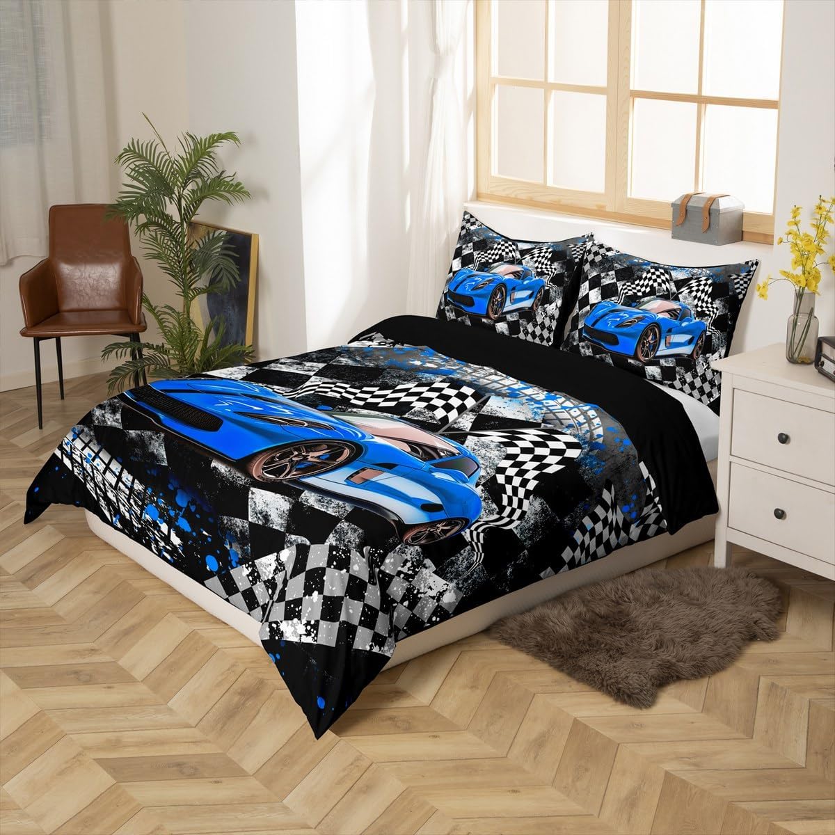Blue Racing Car Duvet Cover King,Fast and Furious Extreme Sport Games Soft Bedding Set,Sports Car Comforter Cover Bedding 3 Piece (No Comforter),Cool Racing Track Quilt Cover,2 Pillowcases image 3