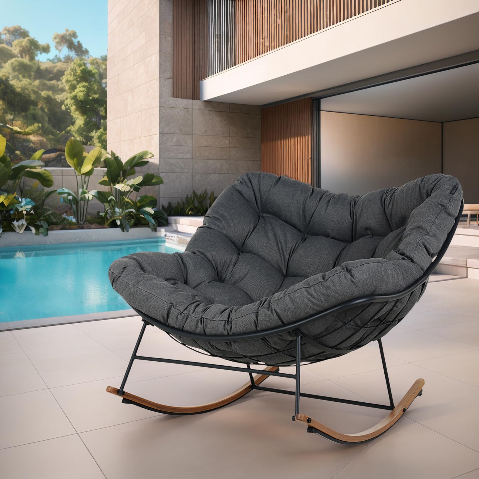 Grand patio Fauteuil à bascule de jardin, à bascule, pour salon, relaxation, avec rembourrage, charge maximale : 150 kg, pour jardin, chambre à coucher, salon, coin, véranda, gris clair (Gris foncé)