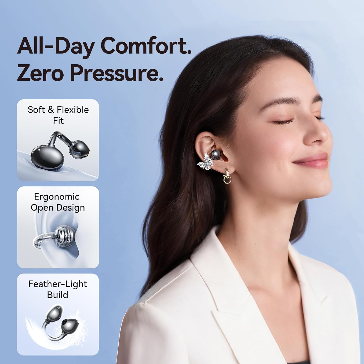 Kinglucky ClipFree A20 Open-Ear Earbuds with Butterfly Earrings, Secure & Comfort Fit, Premium Sound Clip-On Earbuds with Digital Display, 50H Playtime Bluetooth 5.4 Wireless Headphones Black