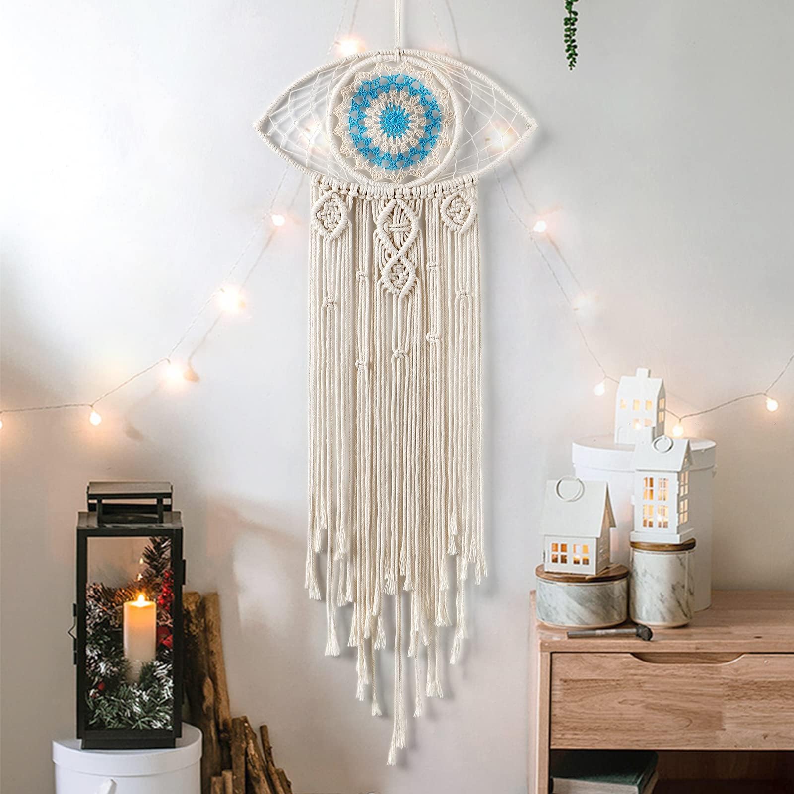 LOMOHOO Large Boho Dream Catchers Evil Eye Macrame Wall Hanging Woven Dream Catcher for Bedroom Home Dorm Room Ornament(Beige)