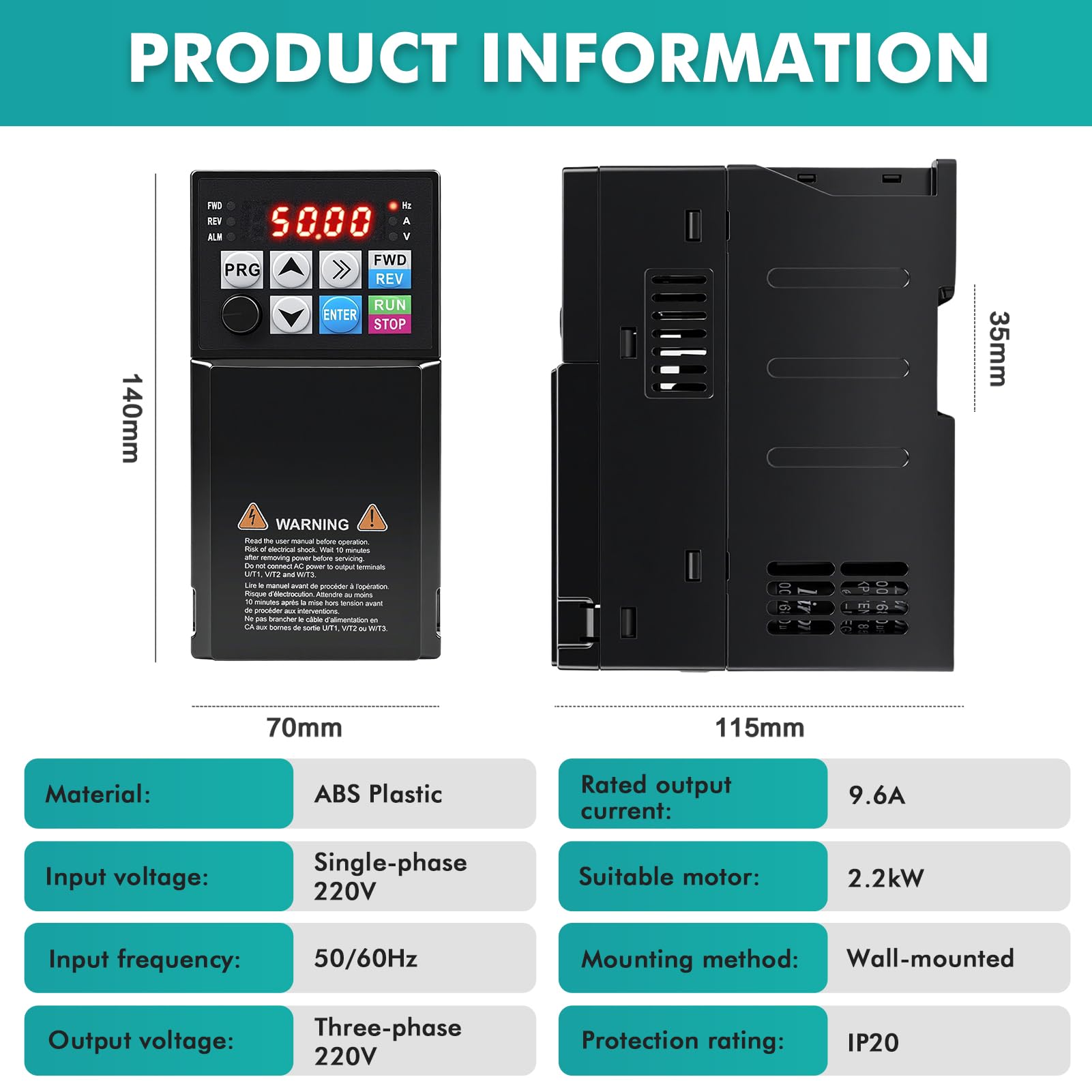 Variador de Frecuencia 2,2KW 220V Entrada Monofásica 220V Salida Trifásica | VFD 220V Monofásica a Trifásica, 50/60Hz Convertidor de Frecuencia para Control de Velocidad del Motor del Husillo CNC