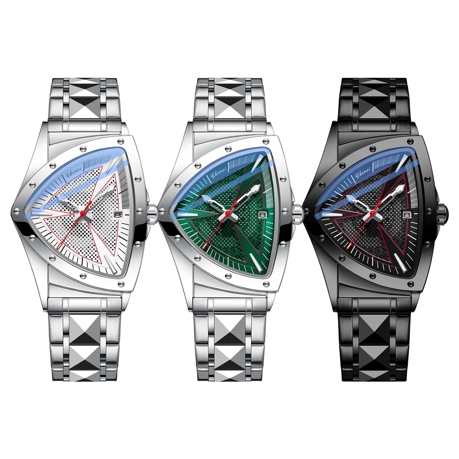 JewelryWe Reloj de Hombre Cuarzo Analógico: Caja Triangular, Correa de Acero Inoxidable, Agujas Luminosas, Índices Luminosos, Calendario, Resistente al Agua, Reloj Negocios,Regalos para Hombres