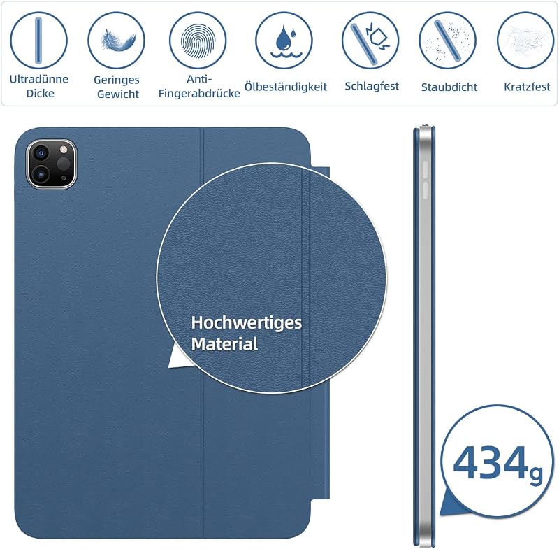 HOU iPad Air 5 2022 Billentyűzet Tok, Pro 11 Hüvelyk Mágneses Töltő, Ultra Vékony QWERTZ Kék Folio Védőtok