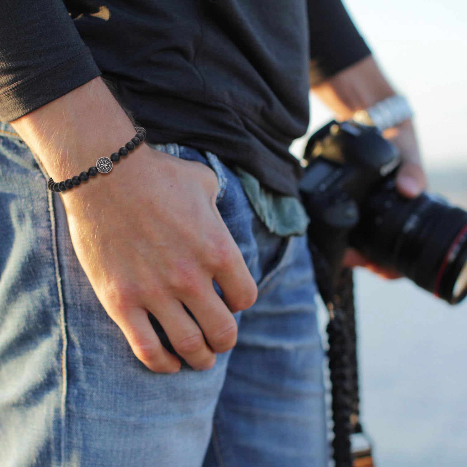 GAVU Men's Compass Bracelet - Tiger Eye, Onyx, Shell Pearl Beaded Bracelet for Men