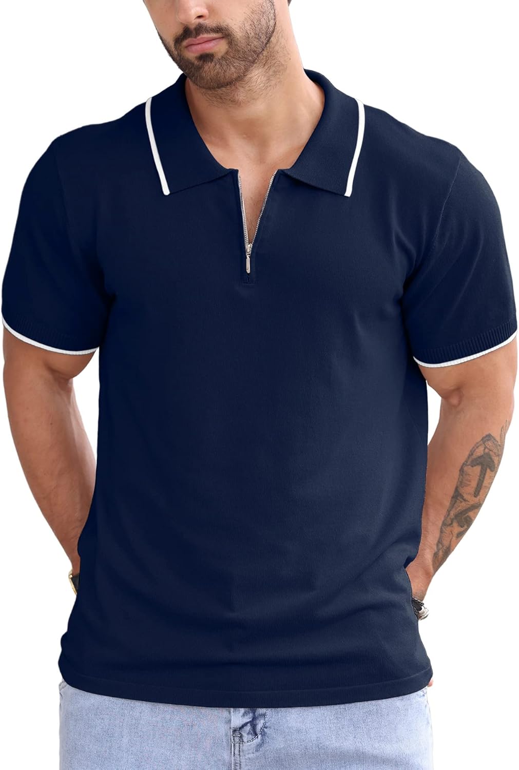 Askdeer Men's Knit Polo Shirt Zipper Short Sleeve Polo T-Shirts Classic Casual Golf Shirts - Image 4