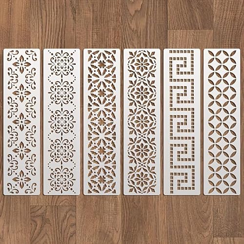 BLOSSOMLAYER 6PCS Border Stencil Geometric Craft Paint Template Reusable Plastic Templates 3 * 12inch Stencils Painting on Wood Furniture Wall Canvas Floor
