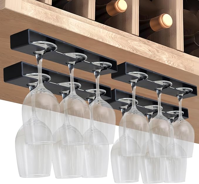 Supporto Per Bicchieri Da Vino Da Appendere – 2 Pezzi Neri, Senza Foratura Con Nastro Adesivo, Per 2-3 Bicchieri, Ideale Per Cucina E Bar