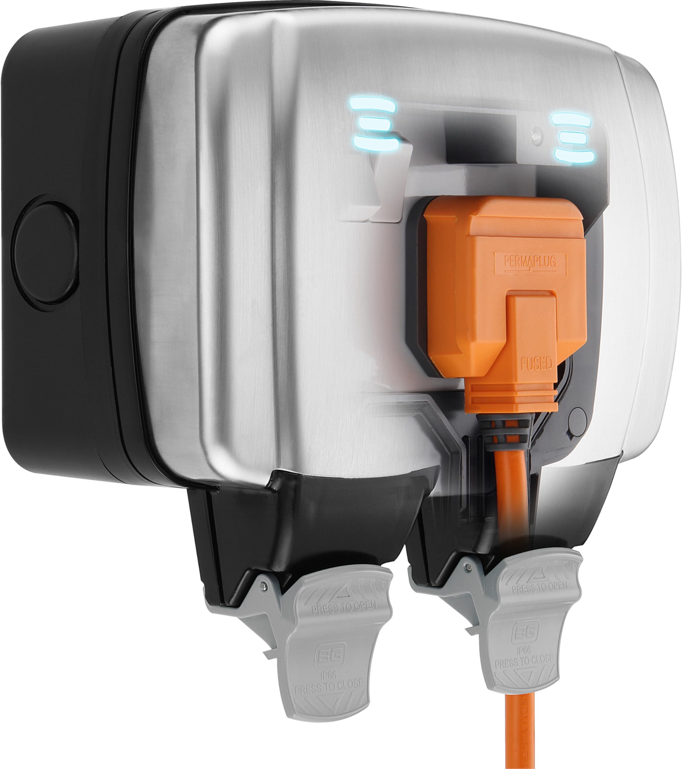 BG Electrical Outdoor Double Switched Power Wall Plug Socket, Decorative Weatherproof, Stainless Steel Black, 13A, IP66 Rated, WPL22