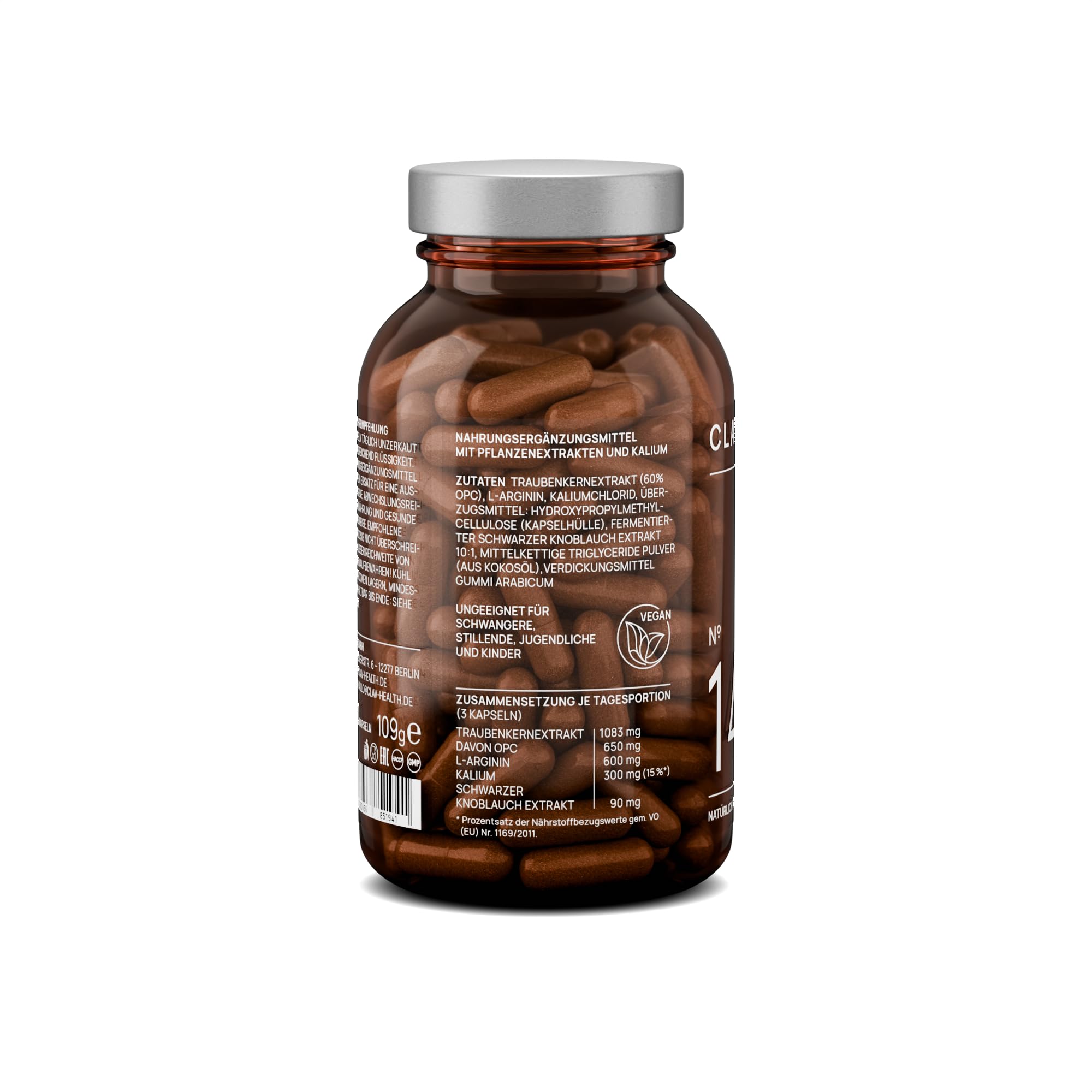 N°14 Puls - OPC Traubenkernextrakt mit 650mg OPC hochdosiert je Tagesdosis, L Arginin, Schwarzer Knoblauch & Kalium für den Blutdruck - 120 Kapseln - Vegan