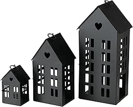 Main Street Town House Candle Lanterns, Set of 3, Vintage Style, Heart Details, Rustic Black, Metal, Corrugated Gabled Roof-Tops, 13.75, 9.5, and 5 Inches Tall