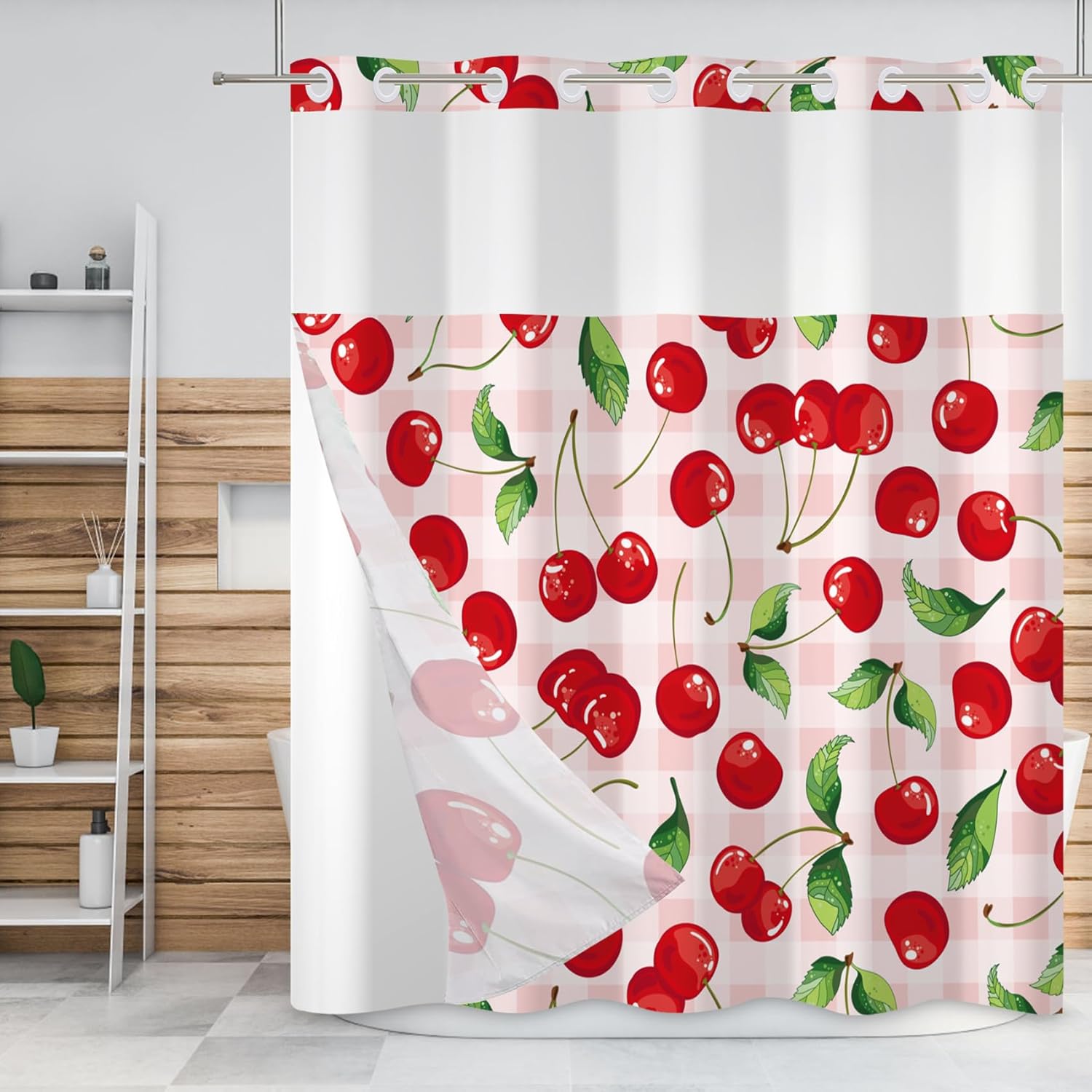 Baocicco No Hook Cherry Shower Curtain with Snap in Fabric Liner Set Pink Cherry Double Layer Bathtubs Hotel Curtain Set Buffalo Plaid See Through Top Window Open Grommet Bath Curtain 71x83 Inch