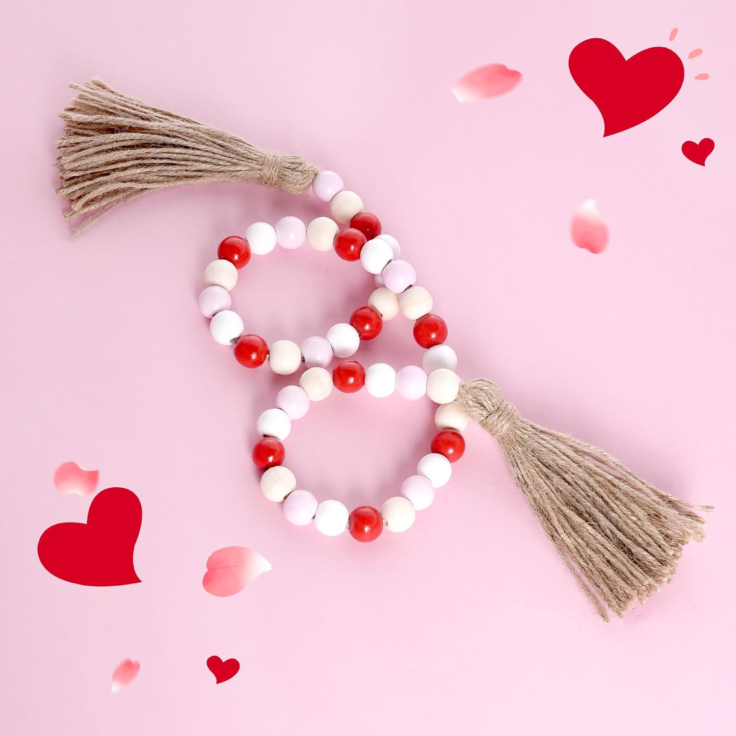 Valentine's Day Wood Bead Garland with Tassel, Farmhouse Beads with Jute Rope Tassel, Wooden Beads Garland for Valentines Tiered Tray Decorations Party Present Home Decor (Red & Pink & White, 35.4 In)
