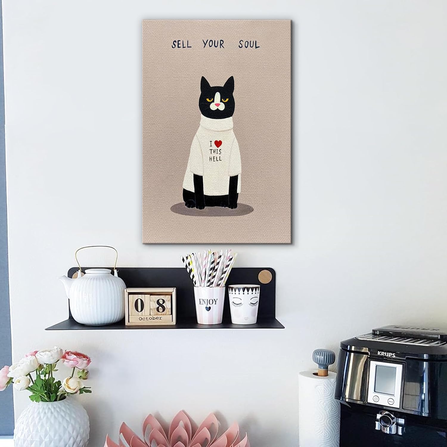Craftline - Funny Black Cat Canvas Wall Art Cat in Clothes Picture Sell Your Soul Quote Print Painting Pet Animal Cartoon Wall Decor for Pet Shop Living Rooms Bedrooms 16"x24"