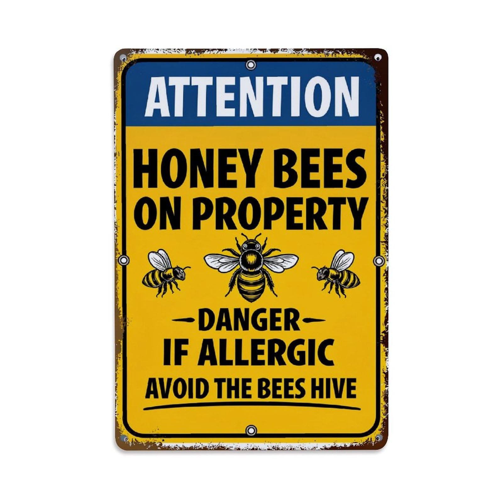 Attention Honey Bees On Property Danger If Allergic Avoid Hive Retro Metal Tin Sign, Vintage Decor Art Poster for Bar, Home, Man Cave, Kitchen, Laundry Room Gift 8x12Inch