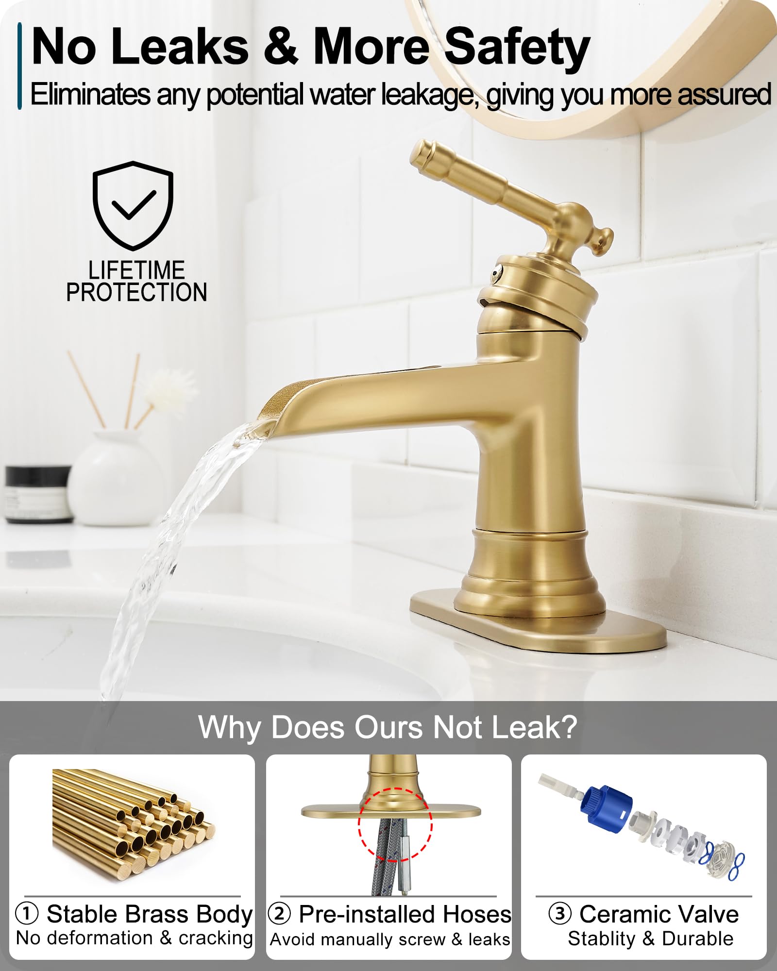 Waterfall Bathroom Sink Faucet Brass Gold Bathroom Faucet 1 Hole Single Handle Bathroom Faucets for Sinks 4 Inch — view 4