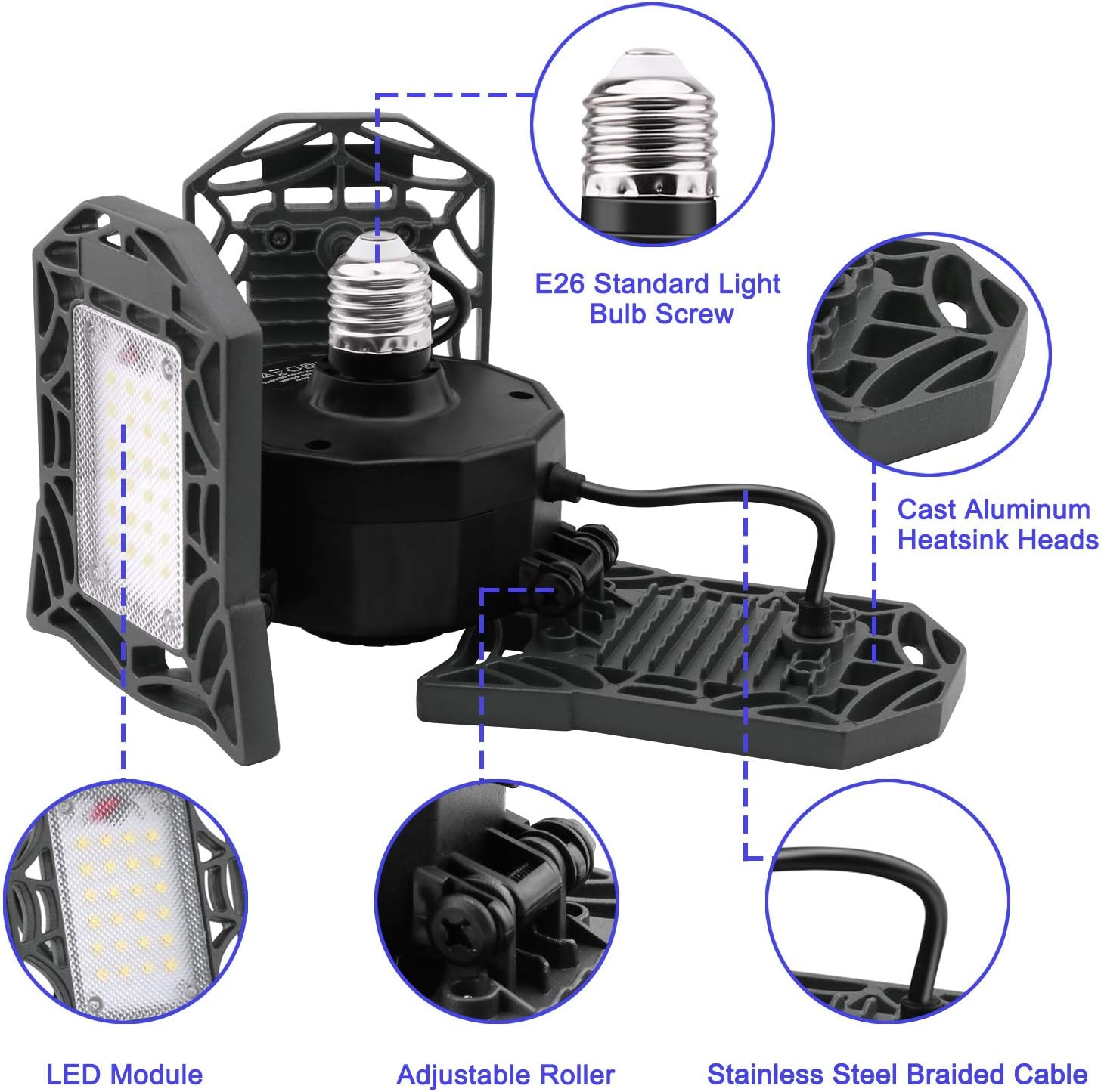 LED Garage Lights, 2 Pack LED Garage Ceiling Lights 6000LM Garage Lighting, Deformable LED Garage Light Bulbs, Support E26 Screw Socket LED Shop Lights for Garage, Lamp Sets, etc (No Motion Detection)
