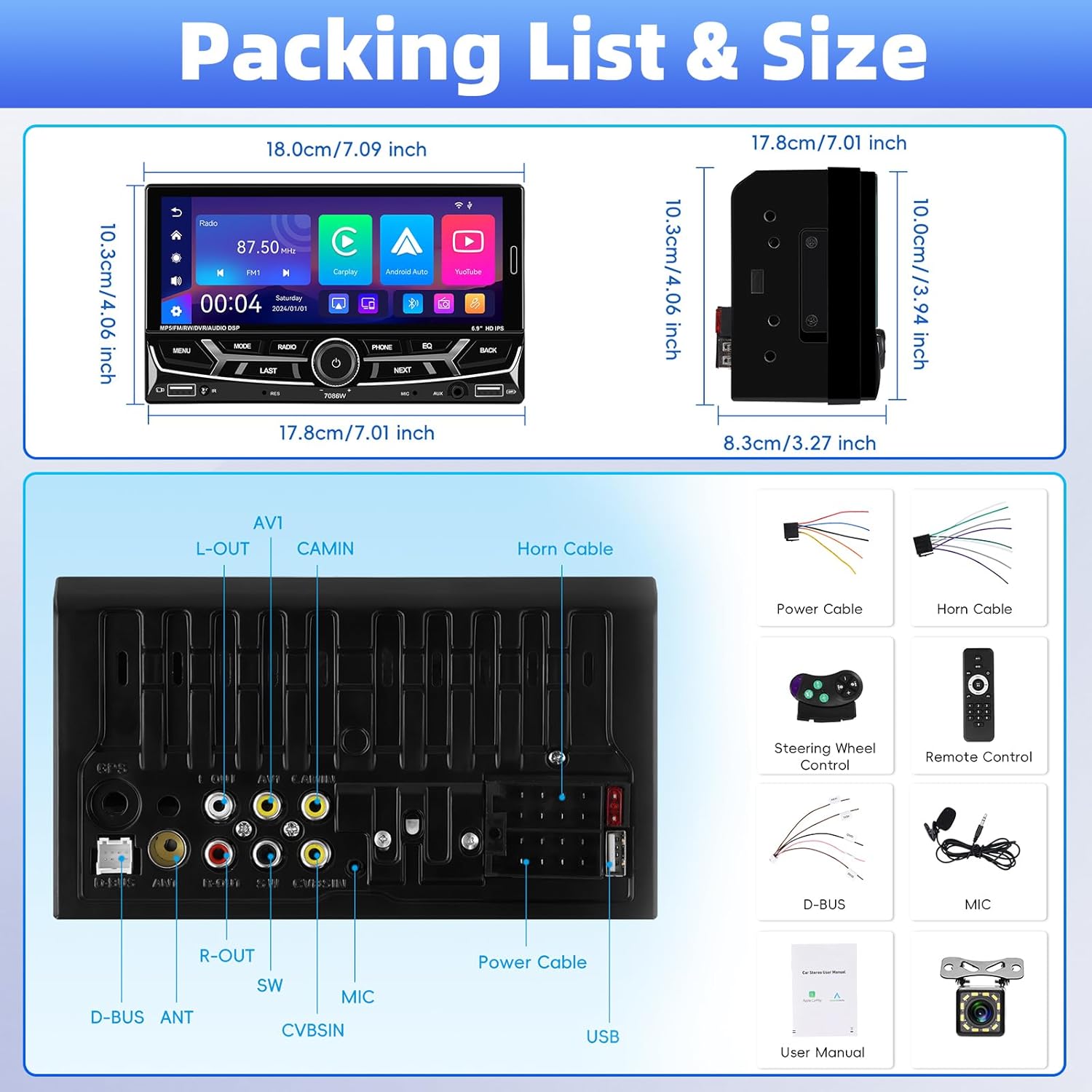 Diagram showing all included components and wiring connections for the UNITOPSCI 7086W car stereo