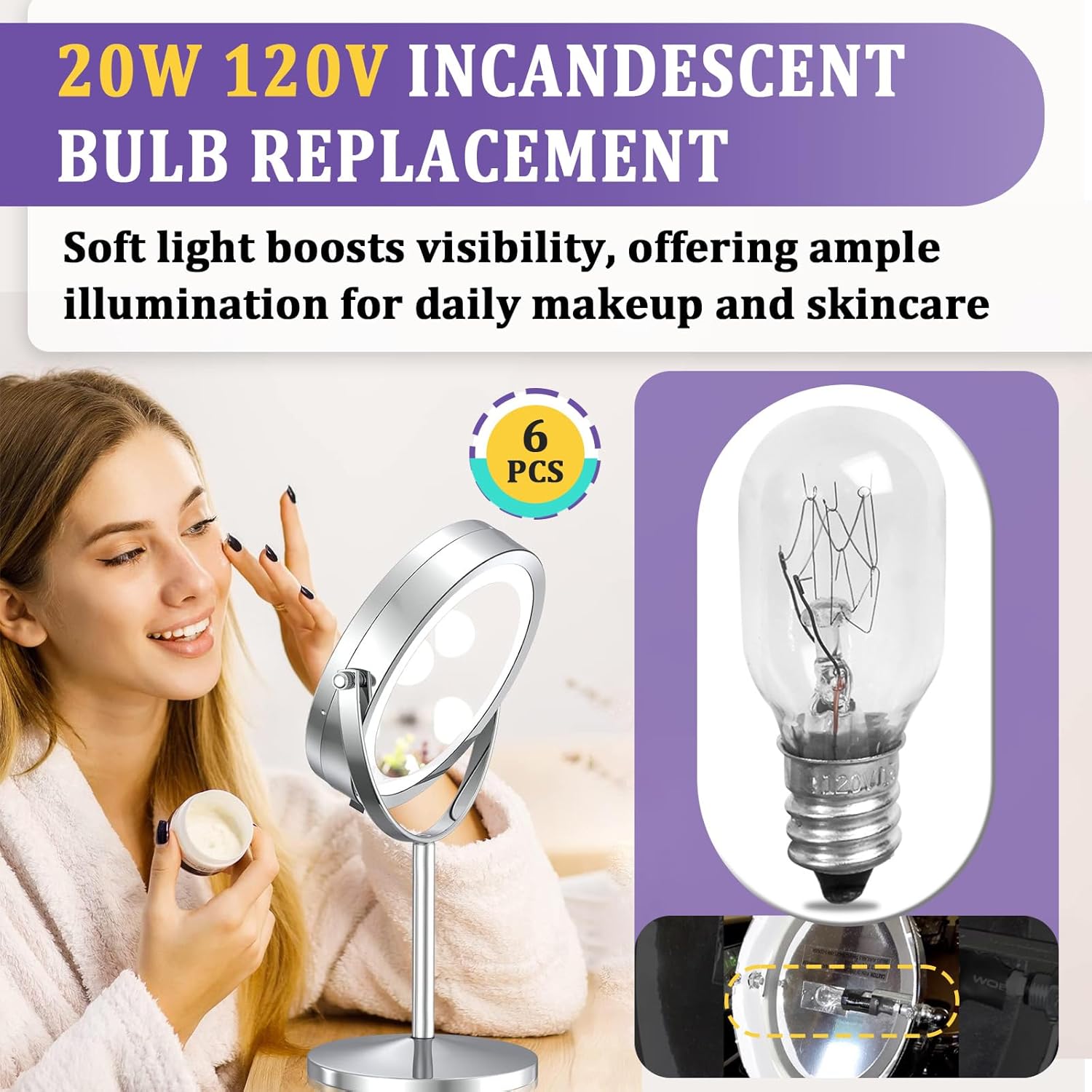 6PCS 20W 120V Clear Incandescent Bulb Replacement Compatible with Conair RP34B Makeup Mirror Bulbs, 2700K White Light, E12 Candle Base