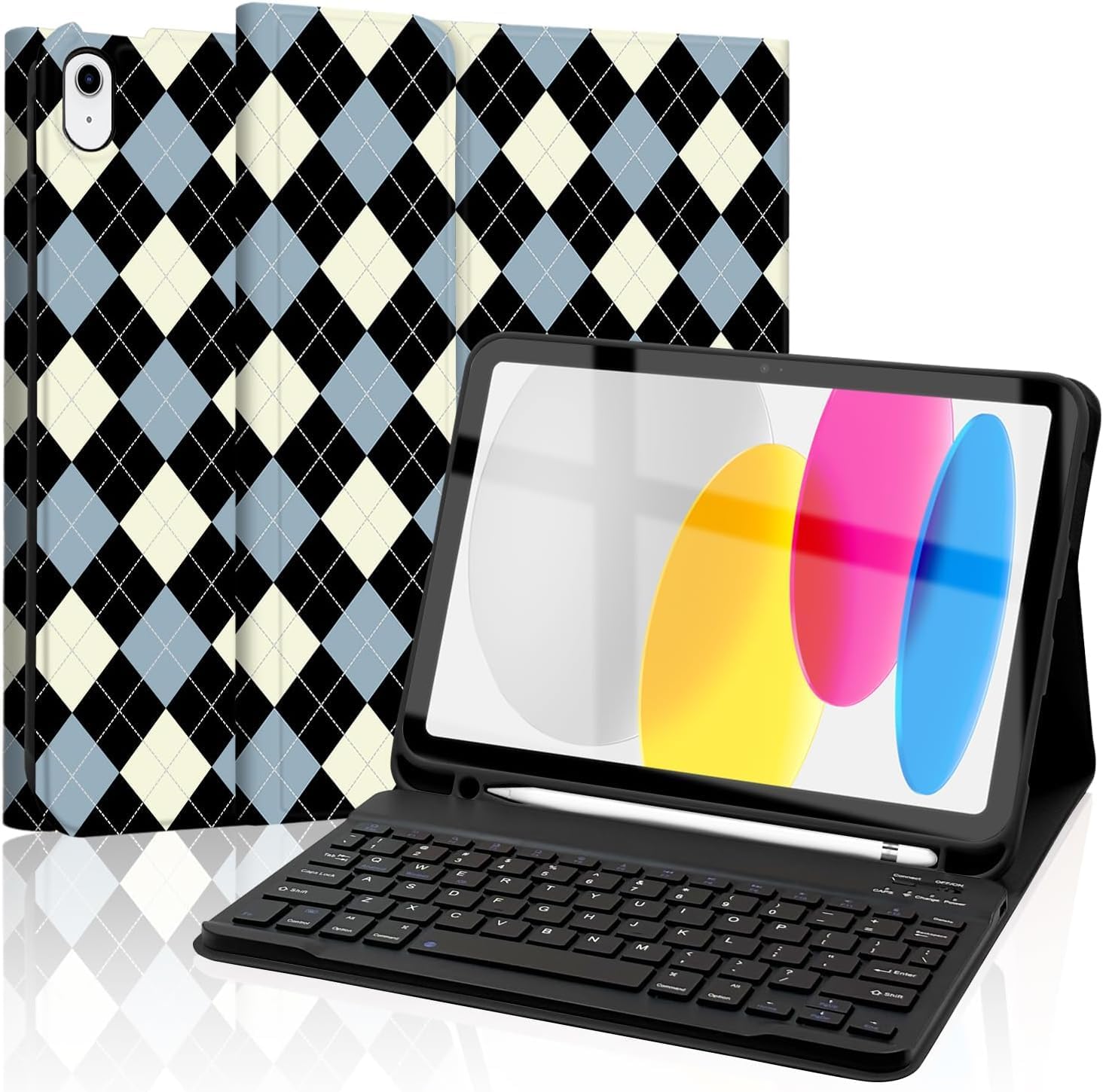 Keyboard Case for iPad 11th 10th Generation, Backlights LED Wireless Keyboard Cover for 11th A16 11-inch 2025, 10th Gen 10.9 Inch 2022, Diamond Checkered Plaid Black-SkyBlue-Beige