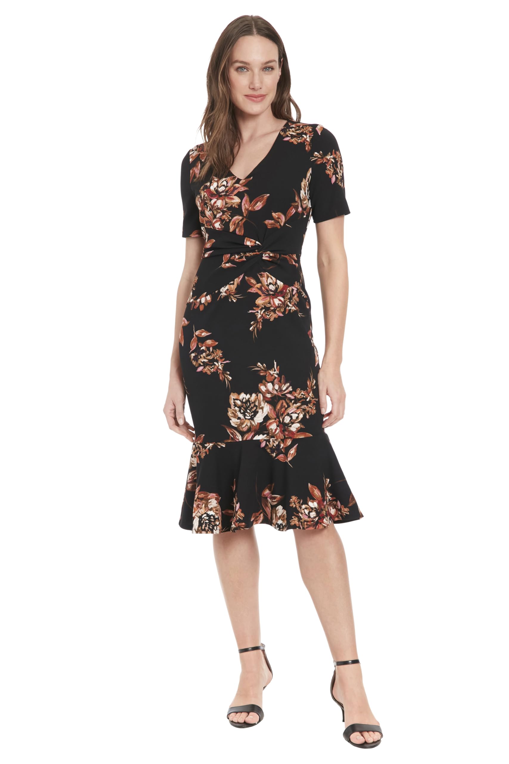 London Times Women's V-Neck Dress - Flounce Hem, Twist Waist, Elegant Office &amp; Event Wear