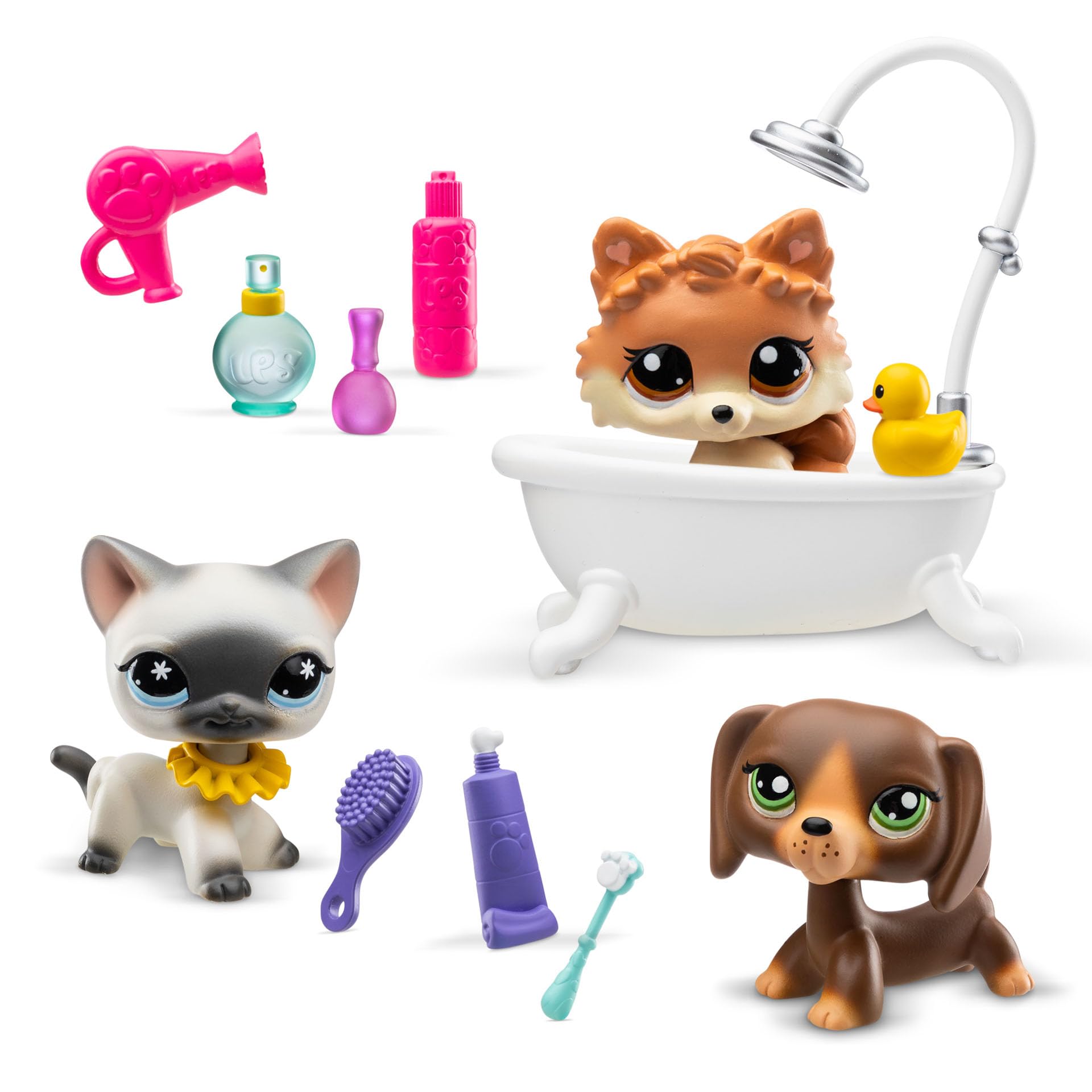 BANDAI - Littlest Pet Shop - DÍA DE SPA BF00638, 3 Mascotas, 10 Accesorios, 1 Tarjeta de coleccionista, 1 código Virtual, Generación 7 Mascotas 172, 173, 174, Figuras de LPS, a Partir de 4 años