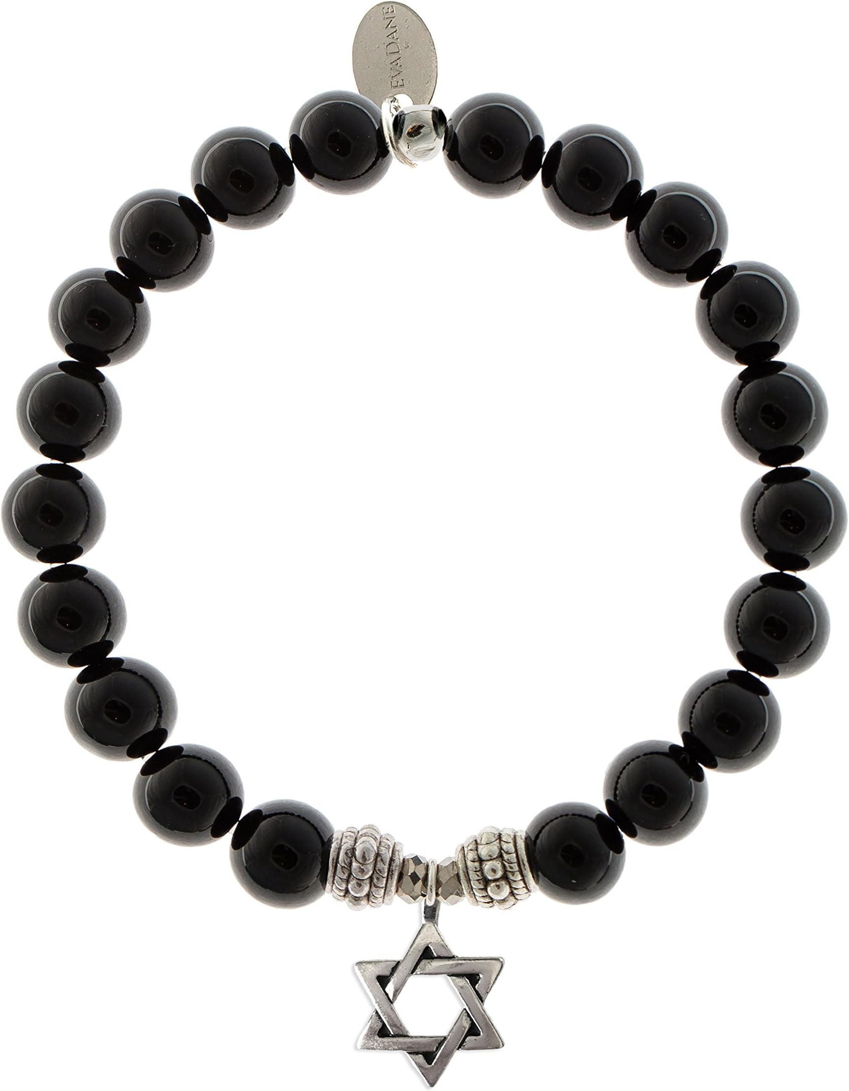 EvaDaneNatural Black Onyx Gemstone Rope Bead Star of David Charm Stretch Bracelet