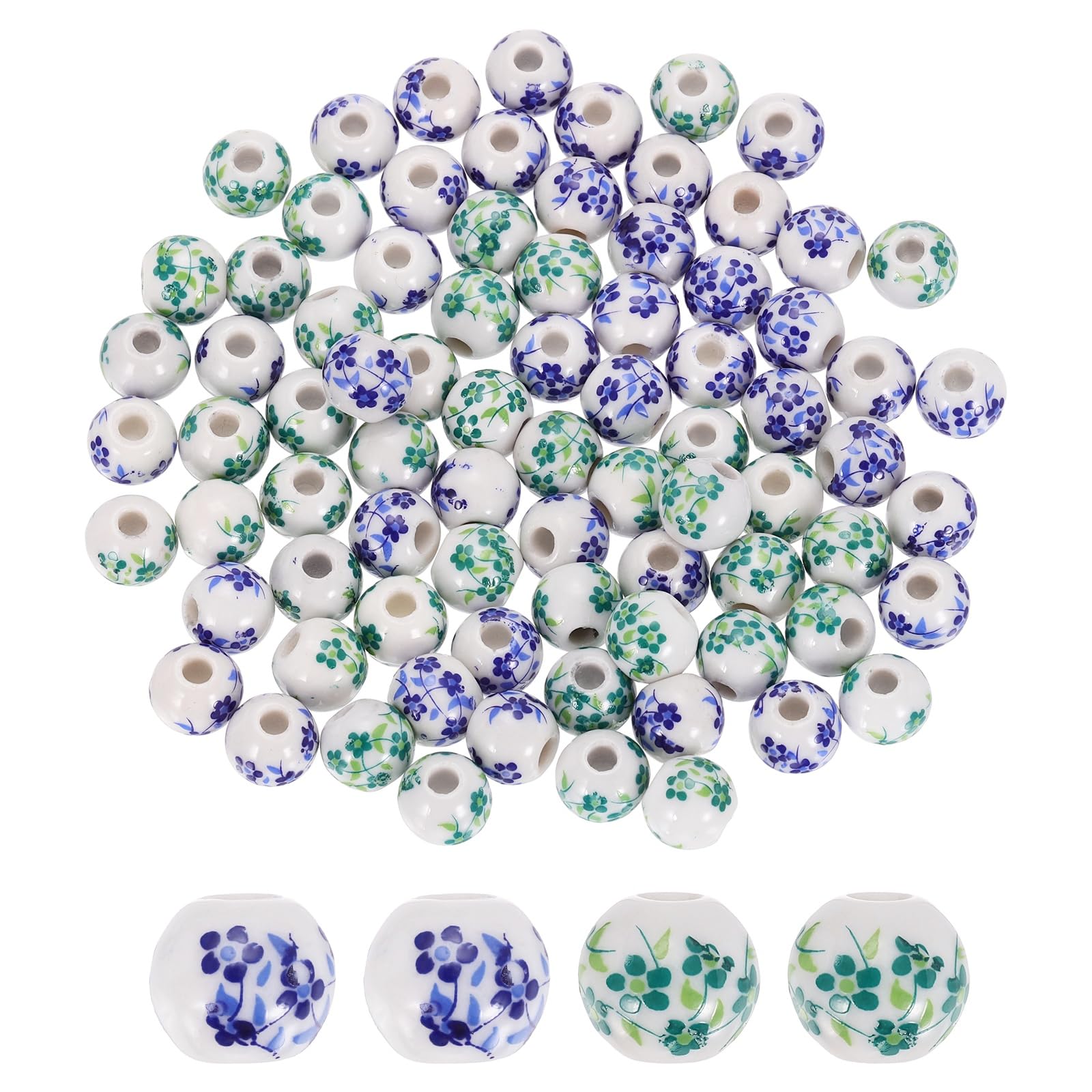 PATIKIL 80 Pcs Porcelain Beads, 10mm Printed Ceramic Beads Round Flower Beads Handmade Spacer Beads for Jewelry Making Earring Necklace DIY Crafts, Green/Blue