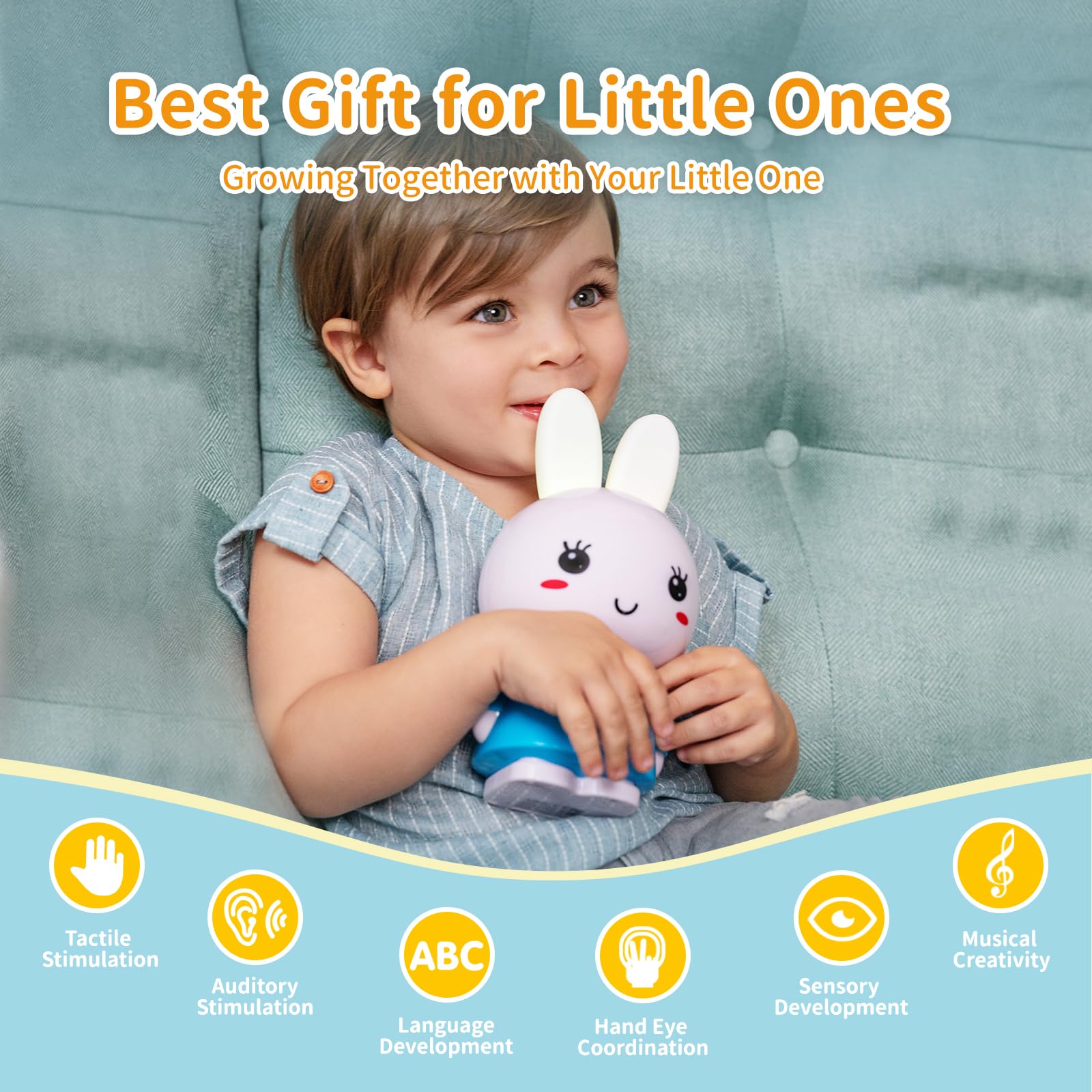 Alilo Jouet Musical Lumineux pour Bébé 6-12 Mois - Veilleuse Rechargeable avec Bruit Blanc - pour Enfants 1-4 Ans - Lapin Miel, Bleu
