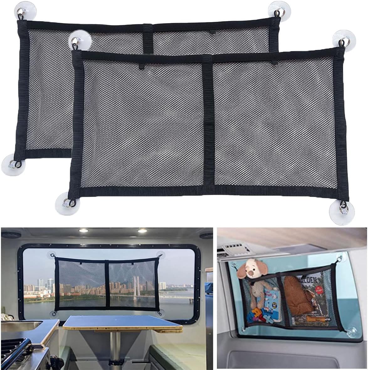 2PCS Car Cargo Storage Net, Car Windows Suction Cup Hanging Bag Nylon Mesh Pocket Organizer Bag for Cargo Vans, Motorhomes, Mobile Homes, Caravans, Boats (Middle-2pcs)