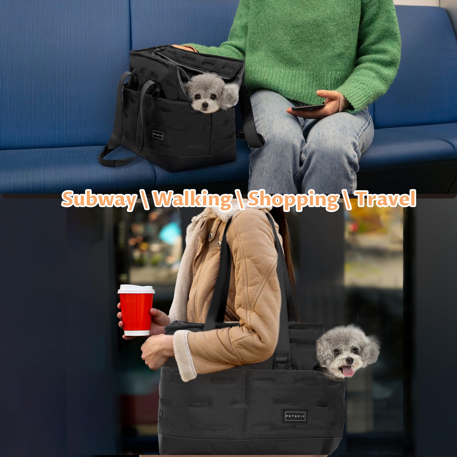 Petsfit Faltbare Hundetasche Hundetragetasche Schultertasche Tragetuch Welpentasche für Kleine Hunde Welpen Katzen,Schwarz