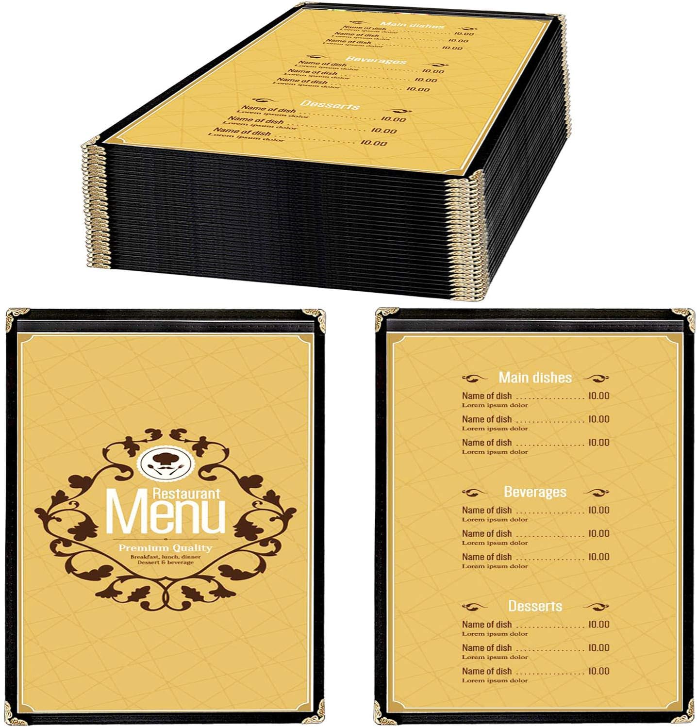 25 Pack of Menu Covers - Single Page, Fits 8.5 x 11 Inch Paper Menu Holder Double Stitched Restaurant Menu Covers-Gold