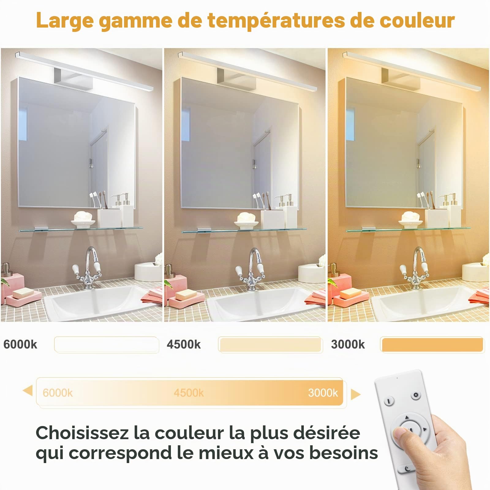 NIORSUN Lampe miroir de salle de bain LED 15 W 60 cm, 1400 Lm, gradation libre 3 000 K - 6 000 K, lampe de miroir dimmable avec télécommande, acier inoxydable, lumière miroir de salle de bain étanche