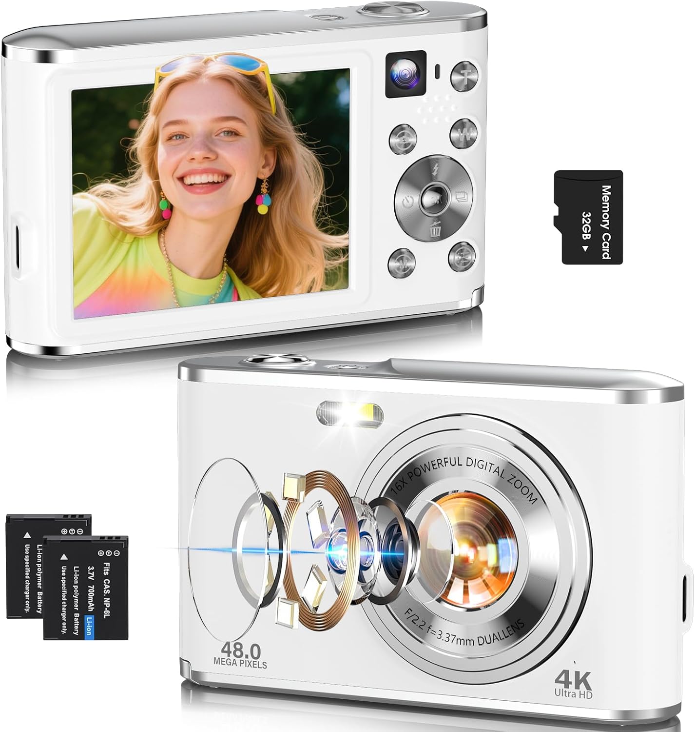 4K Digital Camera, Autofocus 48MP Vlogging Camera for Photography Compact Point and Shoot Digital with 16X Zoom, 32GB Card, 2.8″ Screen, Anti-Shake(White)