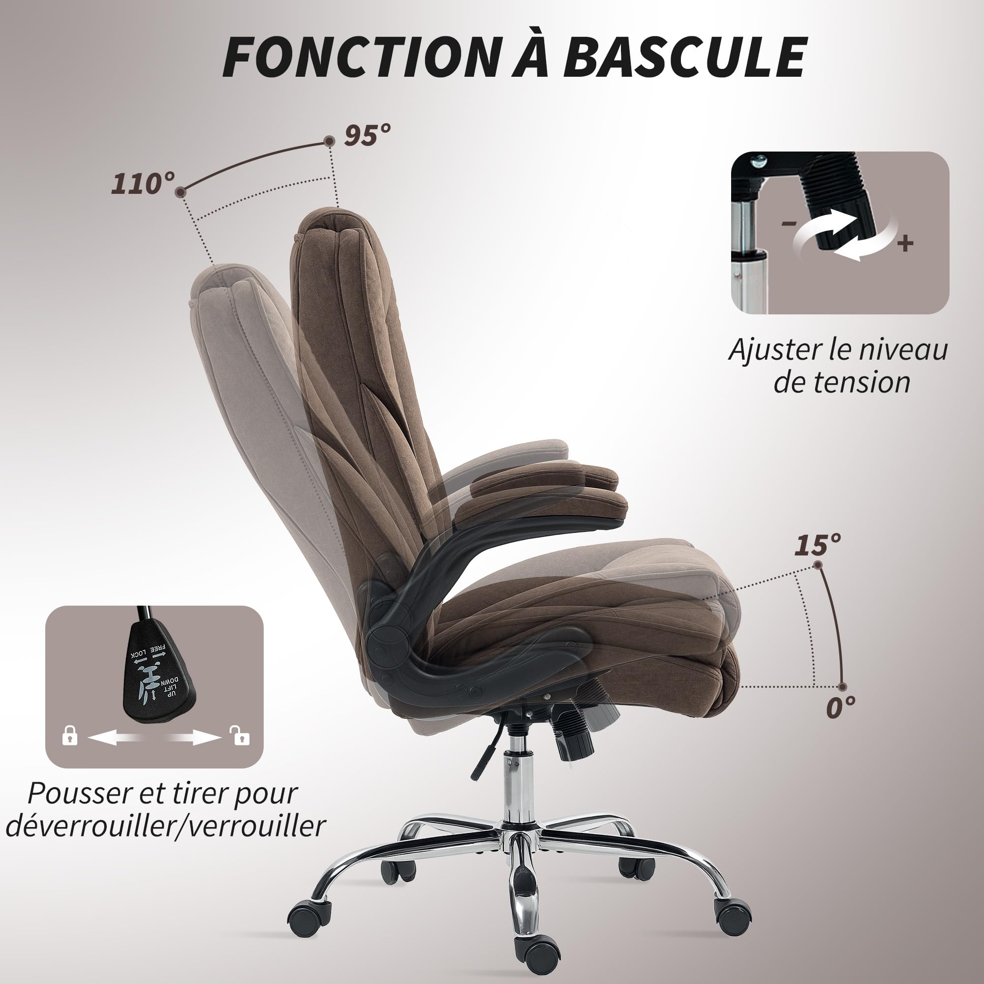 HOMCOM Sedia schienale alto, ruote, braccioli ribaltabili, marrone scuro
