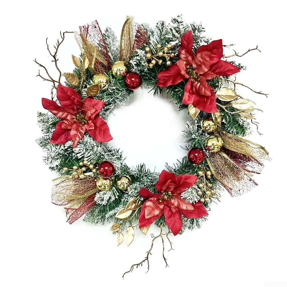 Couronne de Noël lumineuse de 40,6 cm avec poinsettia rouge et pommes de pin dorées à paillettes pour décoration de porte, mur, cheminée