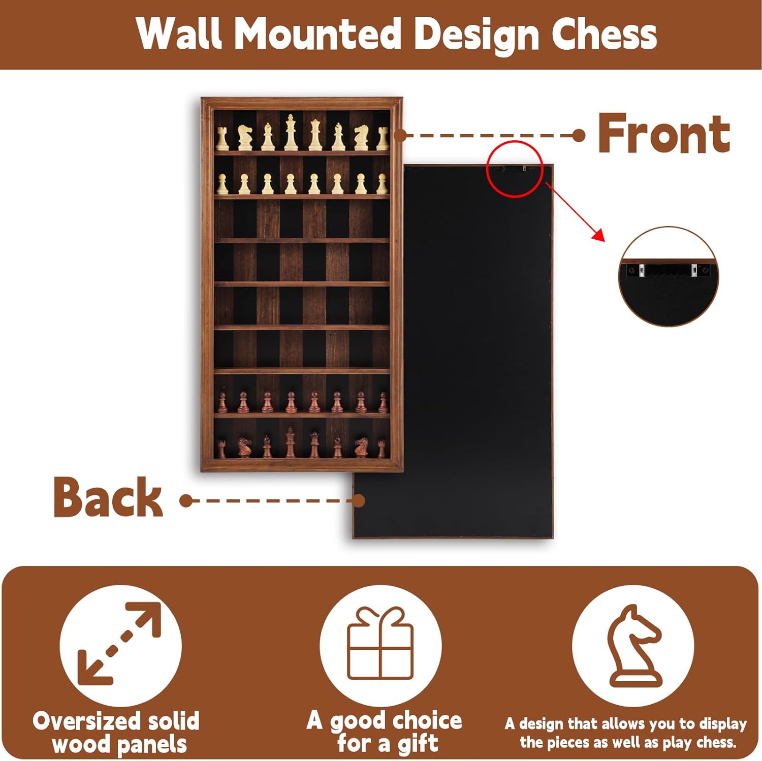 Giant Wall Mounted Board Game Wooden Chess Game Set with A Complete Set of Carved Chess Pieces Vertical Display Cabinet for Home Games Hanging Art Home Decoration (Burnt Color)