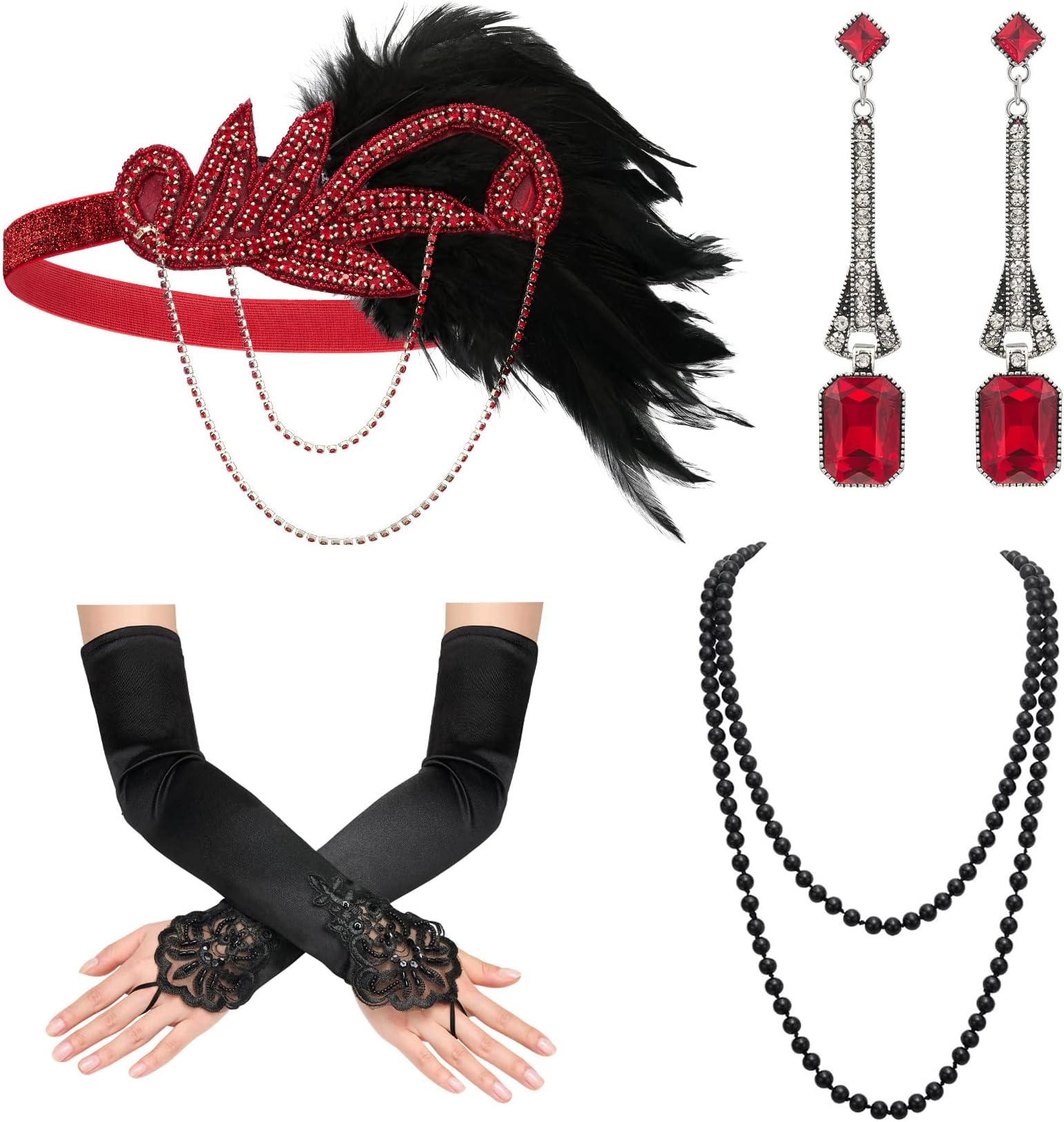 SWEETV 1920s Flapper Accessories Set for Women, Roaring 20s Great Gatsby Headband Flapper Costume Accessories