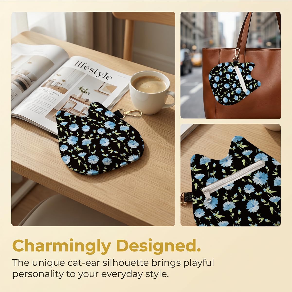 Cute Cat Shaped Coin Purse, Canvas Change Purse, Coin Pouch with Keychain, Black Blue Floral Zipper Small Wallet for Women Girls, Cat Lover Gifts, Mini Bag for Coins, Earbuds, Lipstick, Backpack Charm