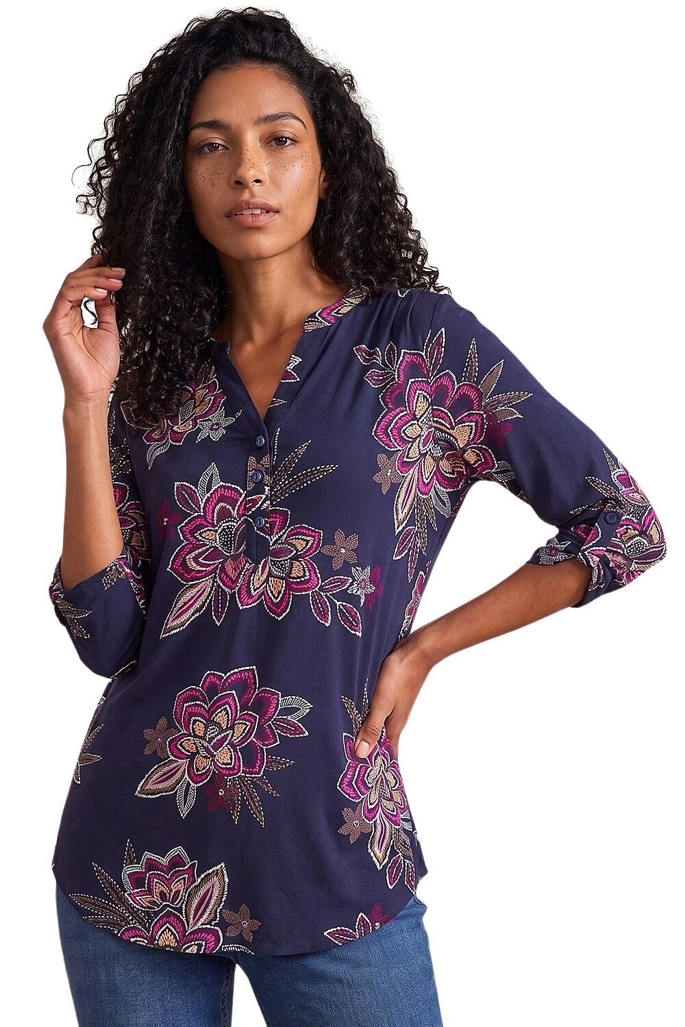 Roman Shirt for Women UK Ladies Top Collarless Blouse Stretchy Tunic Smart Casual Autumn Winter Jersey 3/4 Length Sleeve Notch V Neck Flattering Office Work